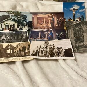 12 religious postcards, some black and white, some color churches, Abbies Jesus